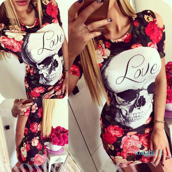 

2019 summer women dress cartoon floral print dress half sleeve cute bodycon sheath slim party dresses vestidos, Black;gray