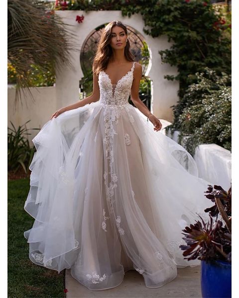 

a-line wedding dresses v neck chapel train lace tulle spaghetti strap romantic beautiful back with appliques, White