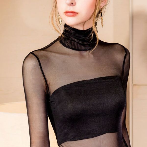 

women turtleneck slim soft full sleeve transparent t shirts lady mesh elastic thin tshirt tees for 2020 spring woman, White