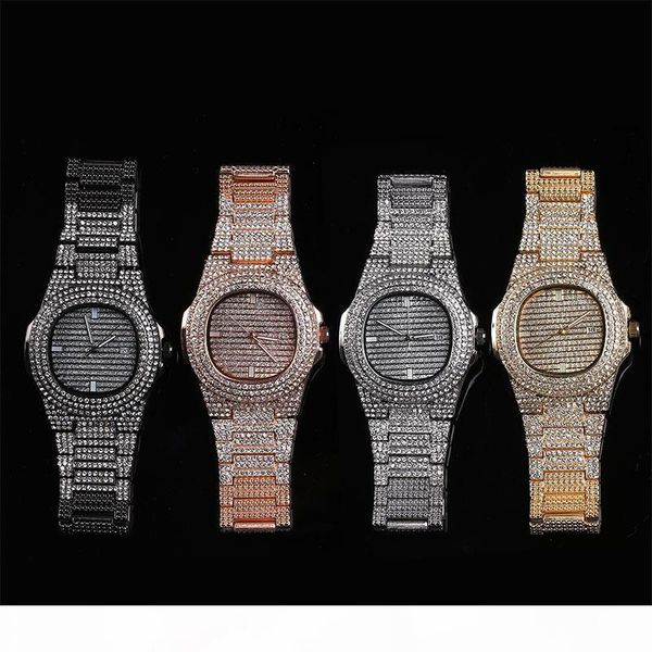 

full diamond quartz watches men hiphop bracelet bling cubic zirconia 18k gold plated link chains mens hip hop chain jewelry, Black