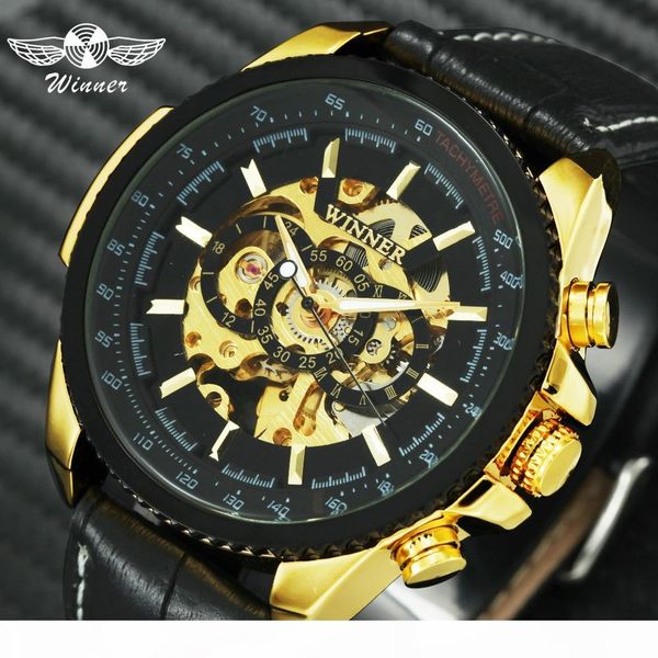 

winner fashion business auto mechanical watch golden skeleton dial leather strap classic mens watches clock, Slivery;brown