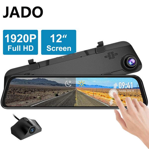 

car dvr dvrs jado g840s 12-inch streaming rearview mirror camera dashcam front 1296p rear 1080p lens driving video recorder dash cam