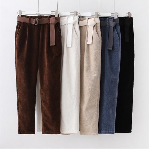 

corduroy pants harem pants autumn winter women pants elastic waist sashes casual black trousers pantalones mujer cintura alta, Black;white