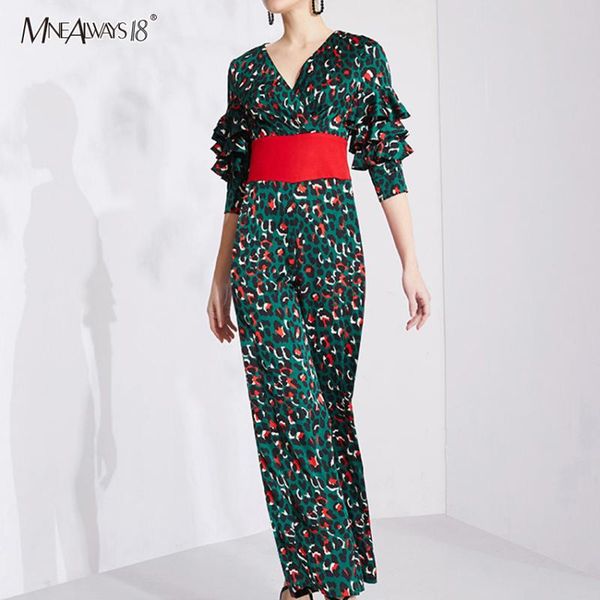 

mnealways18 leopard print vintage jumpsuits women high waist cascading ruffle jumpsuit wide leg long overall playsuits romper, Black;white