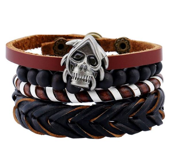 

2020 men's genuine leather bracelet diy pu alloy skull braid beads bracelet combination suit bracelet 4styles/1set, Black