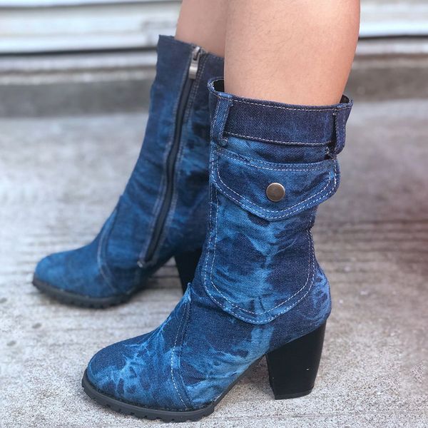 

2020 denim shoes women fashion mid-calf boots square heel bohemia style motorcycle boots cowboy winter autumn women, Black