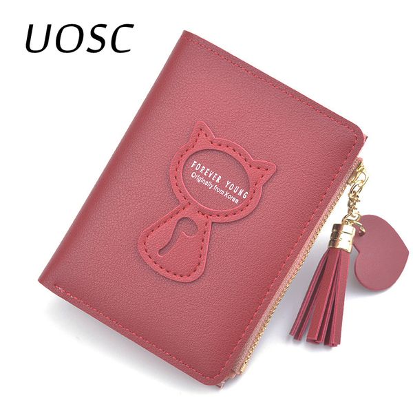 

designer bag women's wallet short tassel simple female purse leather cat mini zipper small wallet credit card holder coin purse cartera, Red;black