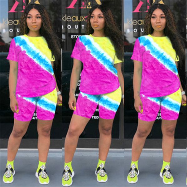 

tie dye women tracksuits fashion trend short sleeve round neck tee shorts suits designer female skinny loose casual 2pcs sets clothing, Gray