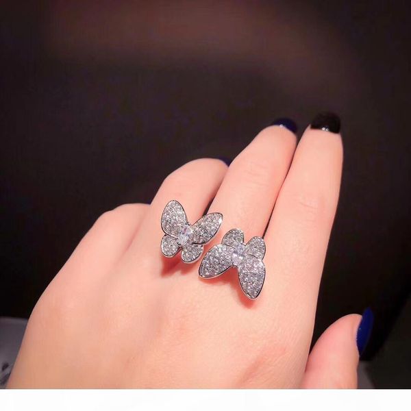 

luxury vintage sterling silver full white pink green yellow crystal double butterfly charm pendant open ring for women fashion jewelry, Golden;silver