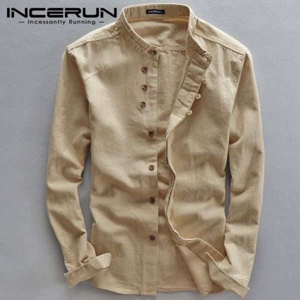 

incerun spring fashion men shirts stand collar solid long sleeve streetwear men business brand shirts cotton chemise 2020, White;black