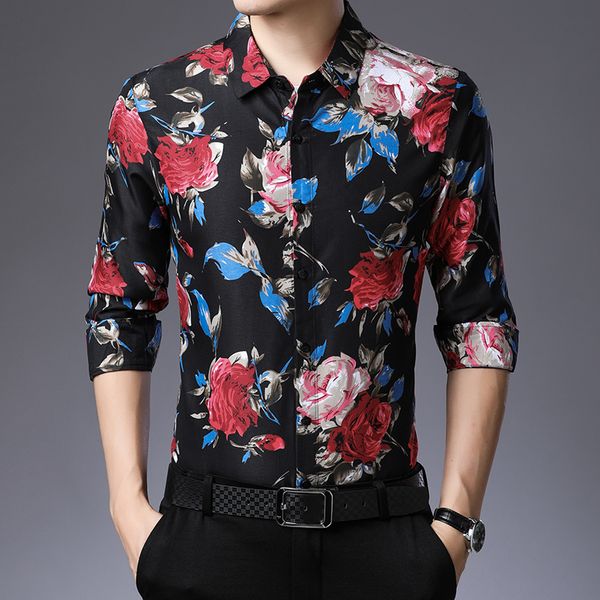 

black and white floral men shirt long sleeve casual shirts fashion printed turn-down collar slim fit shirt for mens clothing, White;black