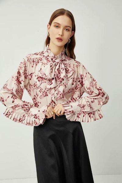 

2020 new spring summer european chiffon floral zaraing women shirt blouses vadiming sheining female blouse shirt xdb255, White