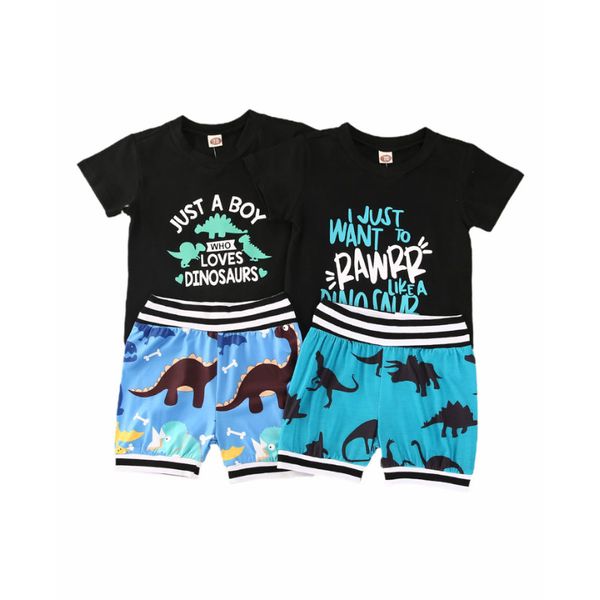 

summer baby boy 2 pcs clothes set letter printed short sleeve t-shirt + dinosaur printed short pants outfits set, White