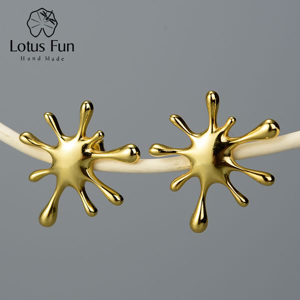 

lotus fun real 925 sterling silver natural creative handmade designer fine jewelry splashing metal stud earrings for women, Golden;silver