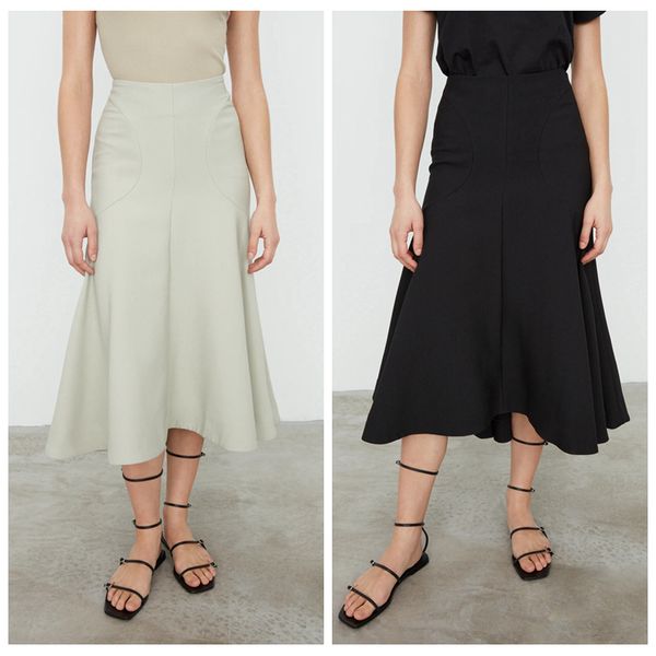 

early autumn women's trumpet midi skirt 2020 new high waist slim ruffles long skirts clothes, Black