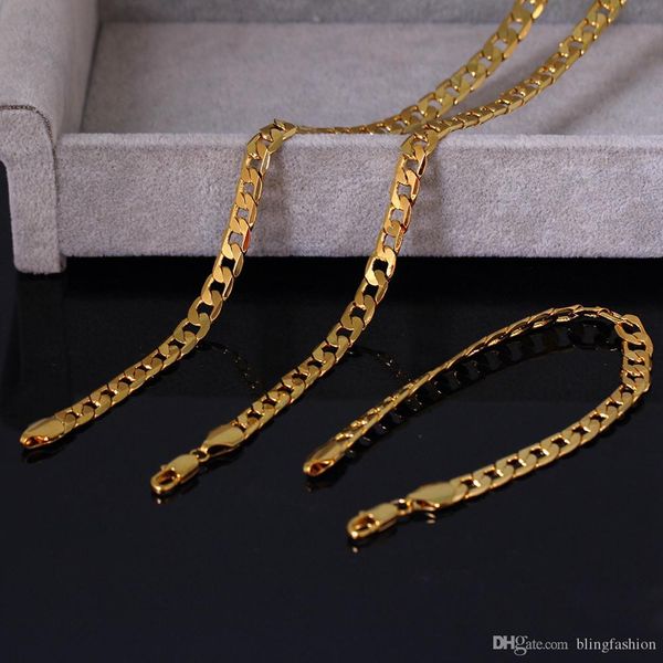 

8мм комплект ювелирных изделий 18k желтого золота заполненные женщин mens ожерелье браслет снаряженная звено цепи плоский подарок ювелирных, Silver