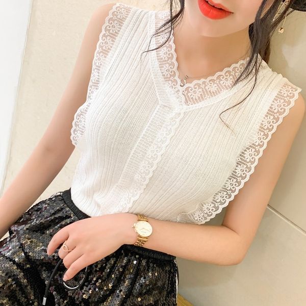 

sweet v-neck hollow-out lace knitted women's korean-style slim-fit outer wear sleeveless vest lace vest base shirt, White;black
