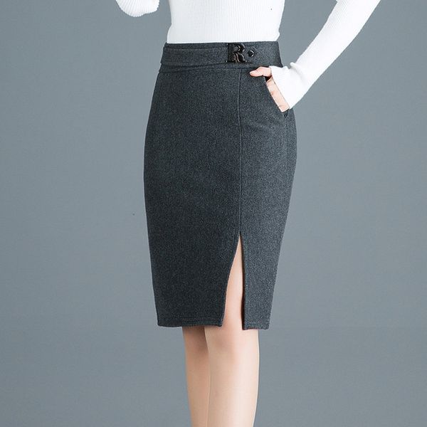 

2020 autumn amp winter woolen skirt women korea slim high waist elastic front slit pencil skirt plus size black midi 3xl