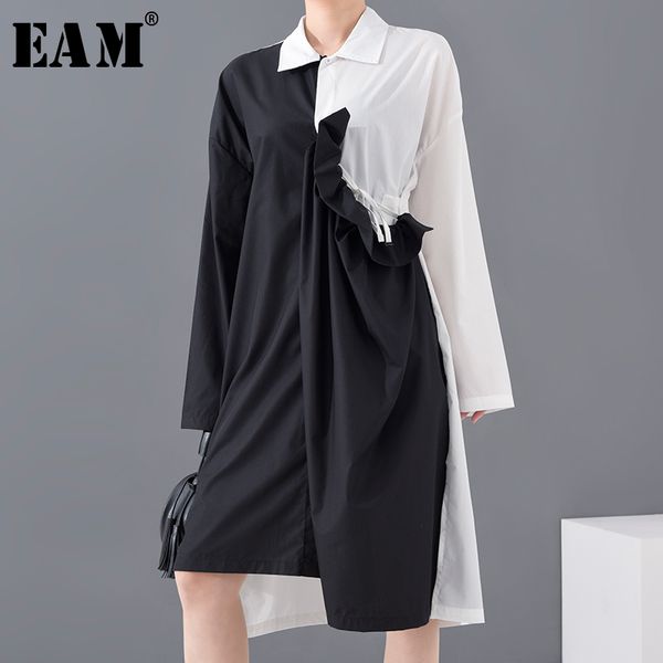 

eam] women black drawstring pleated big size shirt dress new lapel long sleeve loose fit fashion spring summer 2020 1a18801, Black;gray