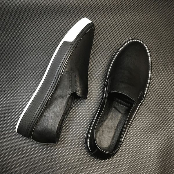 

men fashion 100% designer genuine leather sneakers loafers breathable summer white casual shoes student mocassin homme, Black