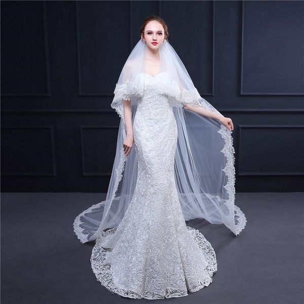 Moda Veils casamento Cathedral Garden Veil casamento com Comb Casamento elegante Veils Branco Marfim Bridal Veil com blusher 2 Camadas Lace Borda