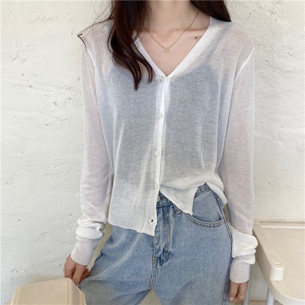 

2020 new korean style all-match loose long sleeve v-neck knitted cardigan coat thin women's summer outdoor sunscreen coat, White;black