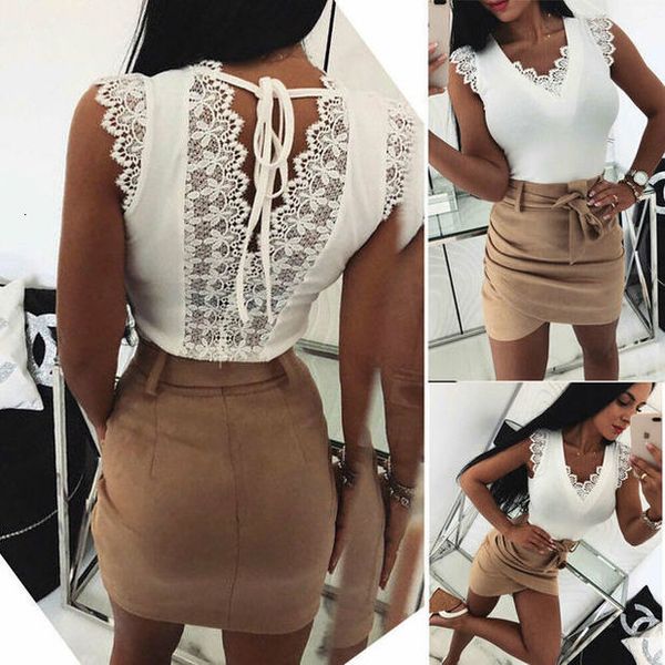 

floral back v lace up women summer tank lace vest fashion camisole sleeveless casual t shirt, White