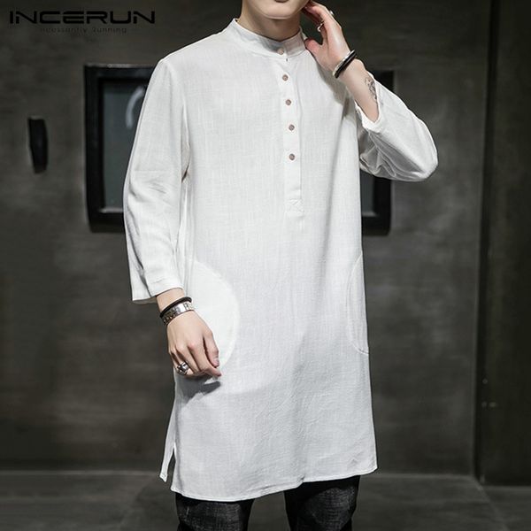 

mens vintage long shirts casual 3/4 sleeve stand collar blouse man solid color buttons camisa comfortable blusas s-5xl incerun, White;black
