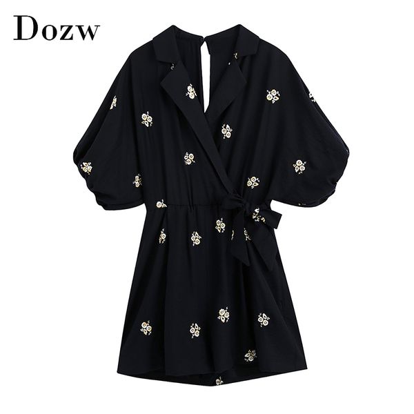 

women vintage floral embroidered bodysuit 2020 short sleeve back hollow out jumpsuit lapel collar bow tie chic playsuit, Black;white