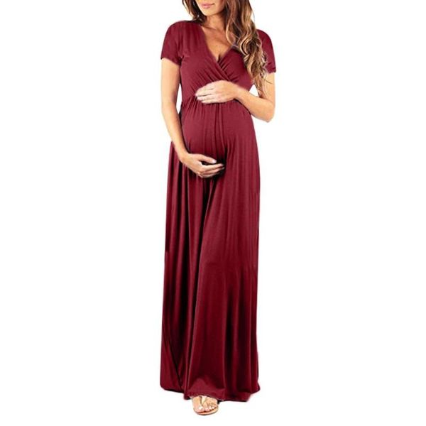 

women's pregnant women v-neck short-sleeve dress maternity dress solid color beach skirt maternity long skirt clothes, White