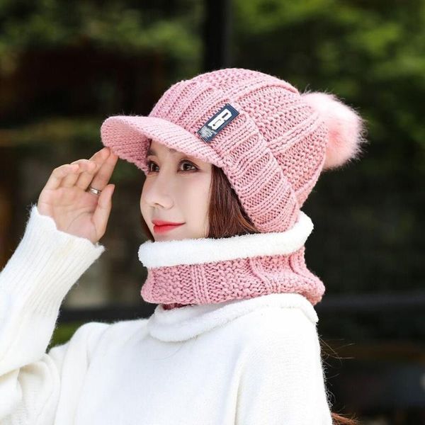 

2020 новый толстая женщина меховой помпон шлема зимы для женщин мода solid теплое шляпы девушки шерсти трикотажной шапочки cap шарф set, Blue;gray