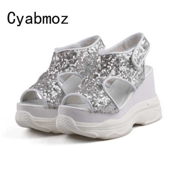 

women summer high platform wedges heel sandals fashion sequin rome peep toe sandalias ladies comfortable party shoes casual shoe, Black