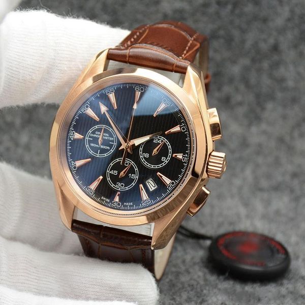 

high grade 44mm quartz chronograph mens watches red hands stainless steel bracelet fixed bezel with a ring showing tachymeter markings, Slivery;brown