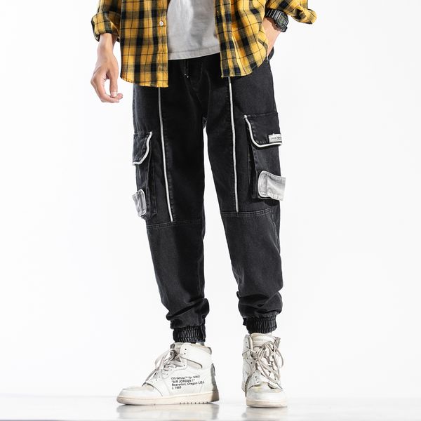 

aprilmomo2020 spring summer multi pocket tactical black overalls harem pants men slim teenagers pencil trousers men