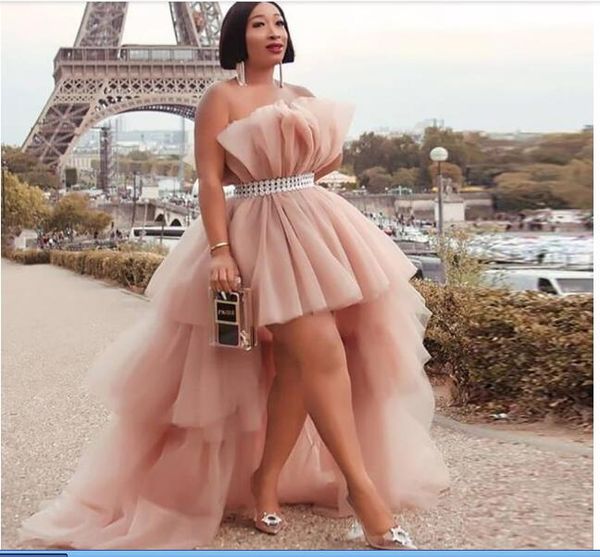 

dusty pink high low prom dresses strapless ruched tulle with belt homecoming dress plus size girls party skirts, Red