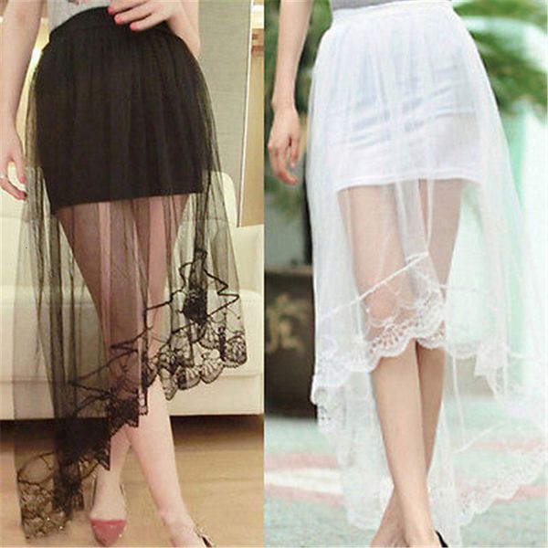

2020 new women high waist elastic waist skirt double layer solid long maxi beach skirt black white asymmetrical lace patchwork skirt
