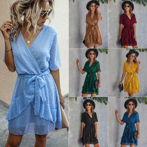 

women dress 2020 summer v neck short sleeve lace up high waist ruffles mini dresses casual solid dots loose chiffon dress female, Black;gray