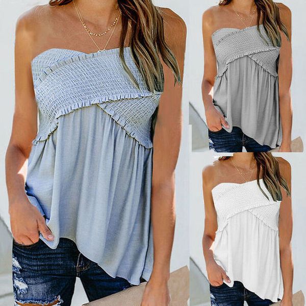 

womens ladies casual summer strapless bandeau boob ruffle tube blouse sleeveless solid camis vest, White