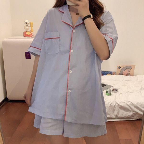 

2020 simple striped cotton home clothes short-sleeved home clothes and shorts shorts sleeping suit female, Blue;red