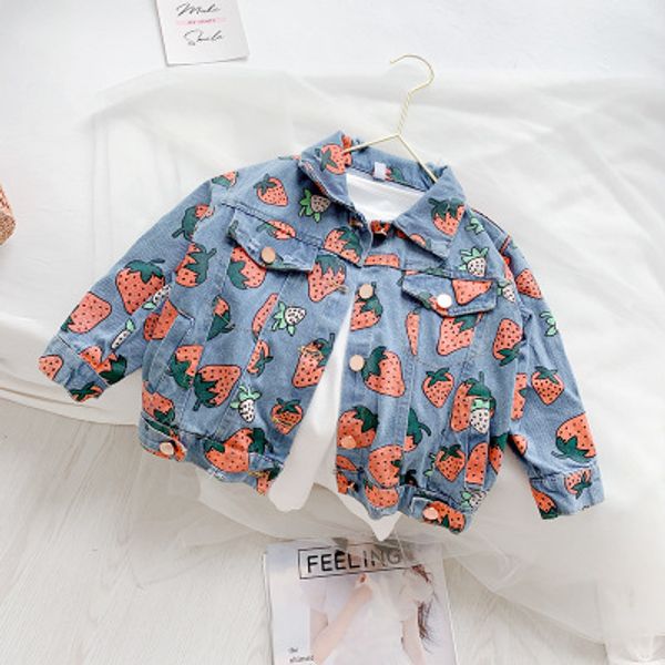 

children designer autumn jackets girls strawberry print coat new kids casual jackets girls print preppy style coats child trend style, Blue;gray