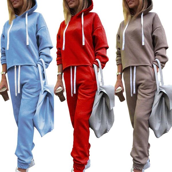

2 piece set women hoodies pant clothing set long sleeve warm tracksuit women solid color pants sport leisure suit, Gray