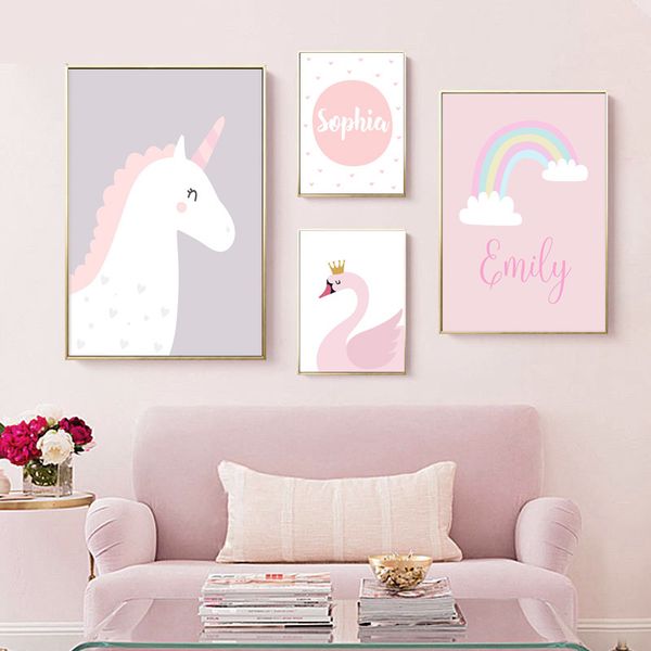 

baby nursery animal wall art pink swan unicorn canvas poster custom name print painting picture nordic kid bedroom decoration