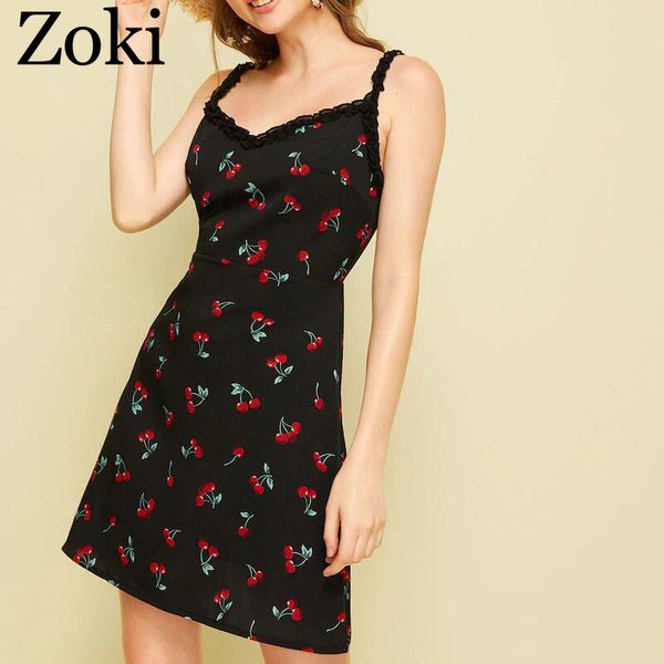 

zoki women mini dress fashion summer cherry print kawaii ruffles black dress casual a-line beach spaghetti strap vestidos, Black;gray