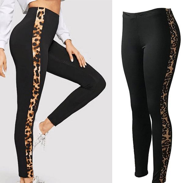 

fitness leggings women high waist leopard patchwork stretch workout running leggings gym slim butt booty bottoms lady, Black