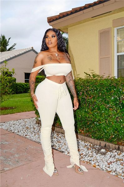 

stacked pants women suits casual natural color two piece pants sleeveless slash neck crop women designer clothes, White