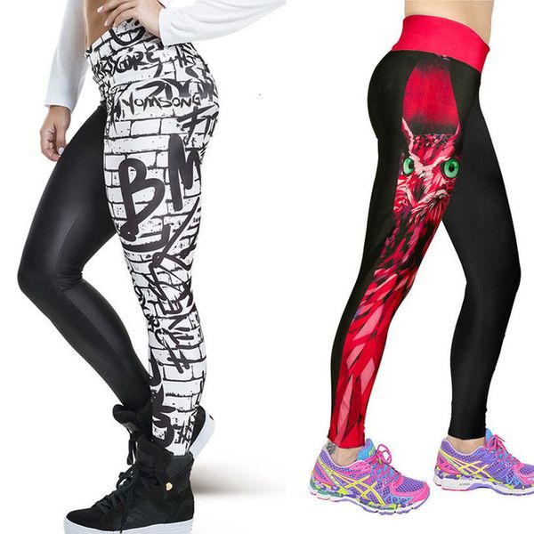 

2020 polyester new women unique fashion digital printing owl wall graffiti stretch leggings splicing nine pants slim skinny trouse, Black