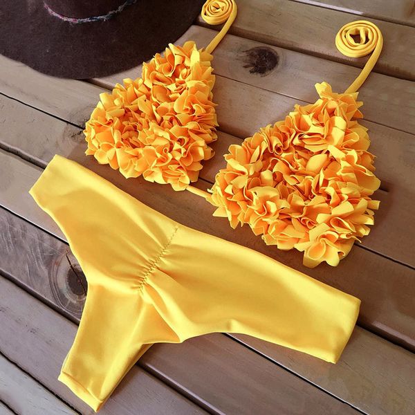 

sexy 3d flower ruffled бикини 2020 бандо купальники женщины бразильский купальник женский две пьесы бикини set холтер купальный костюм, White;black