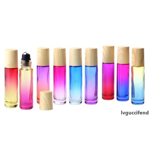 

10ml wood grain lid roll on essential oil bottle gradient color glass steel ball & glass ball perfume jar wholesale