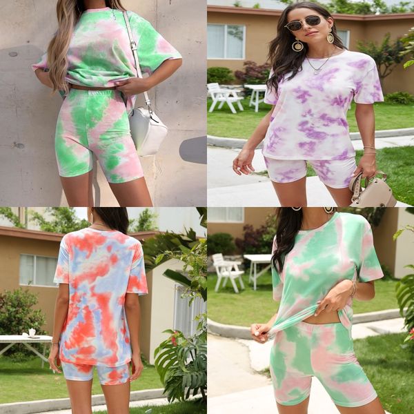 

women tracksuits neon green tie dye printed sport sets o-neck short sleeve t-shirt and tight shorts matching set casual suits#181, Gray