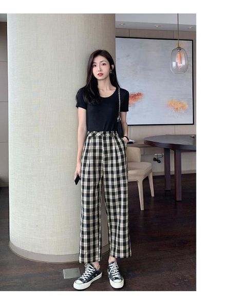

thin section lattice wide-leg pants women 2020 summer new loose straight tube high waist was thin casual nine-point pants, Black;white
